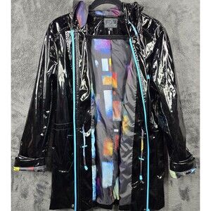 UBU Raincoat Womens Medium Black Lined Colorful Art Full Zip Pockets Outdoors